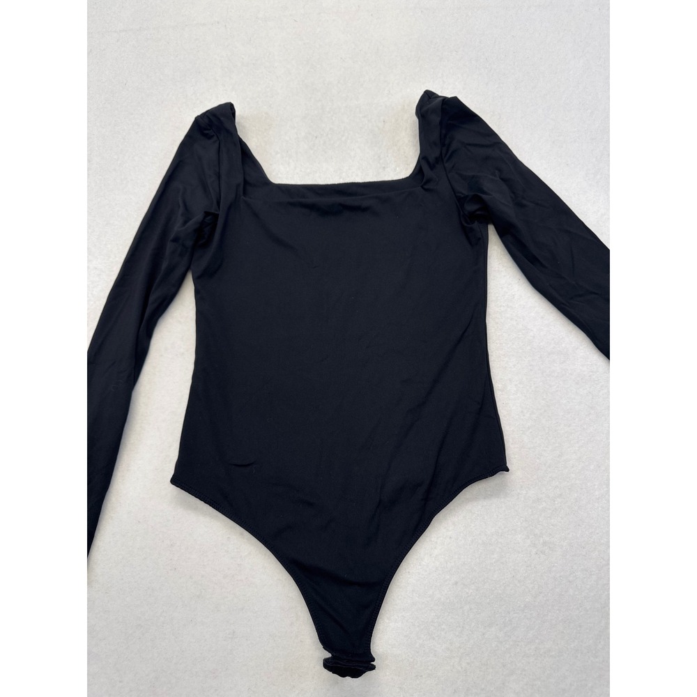 Black Square Neck Long Sleeve Bodysuit Women's Medium Stretch Layering Top
